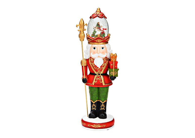 Musical clock nutcracker with snow globe snow swirl, battery operation 3xAA not included, made of poly/glass red (W/H/D) 15x50x14cm