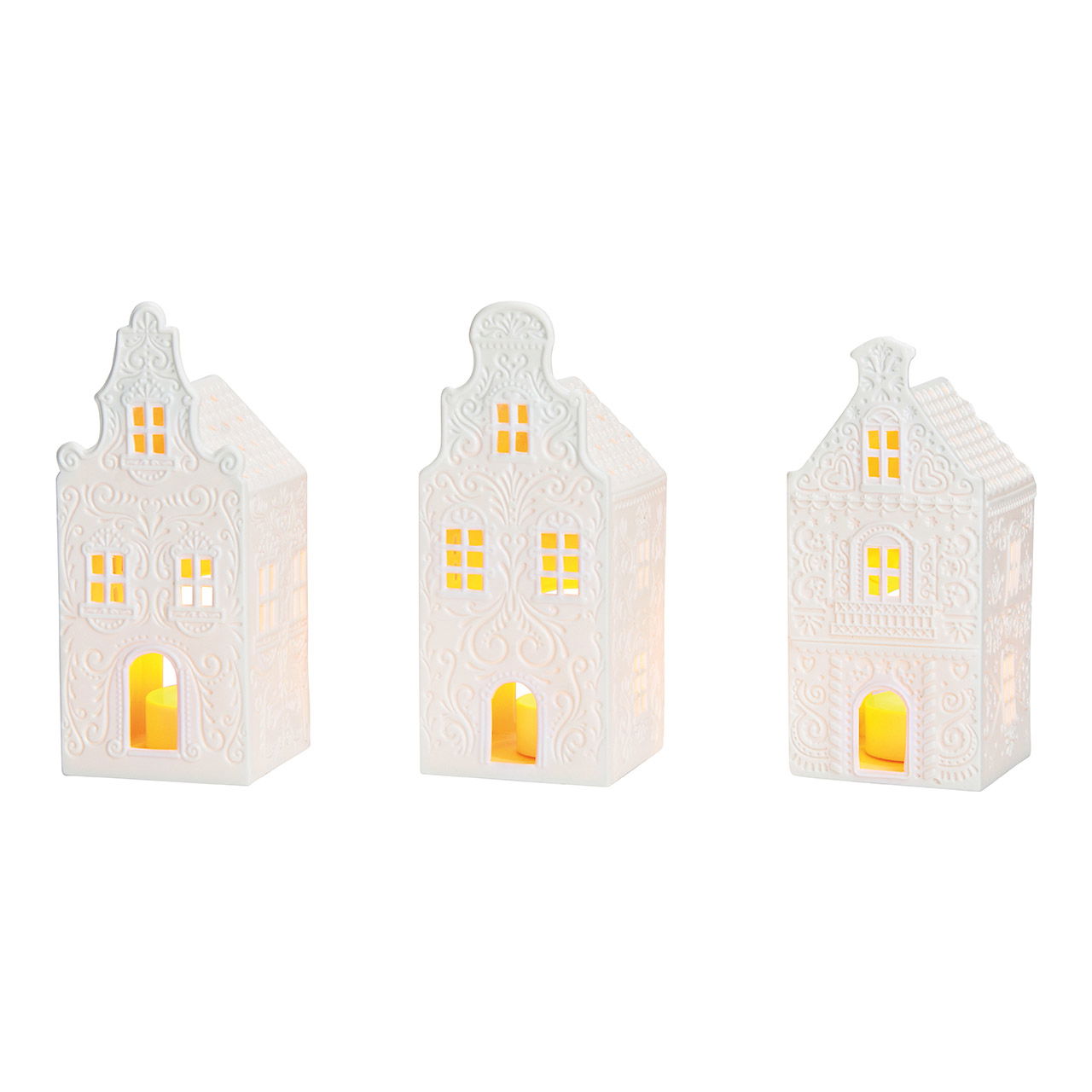 Maison lumineuse, uniquement pour bougies à chauffe-plat LED en porcelaine blanche 3 fois, (L/H/P) 7x16x7cm