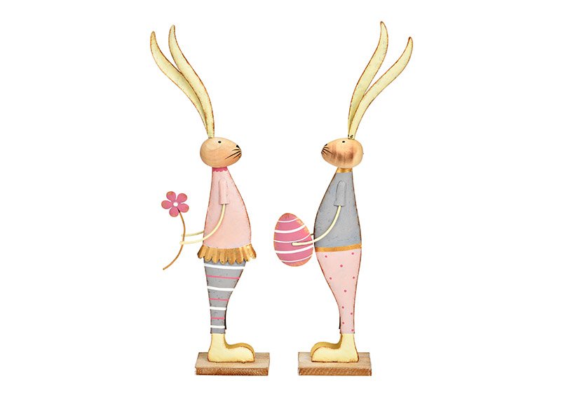 Stand bunny on wooden base of metal pink 2-fold, (W/H/D) 14x39x5cm
