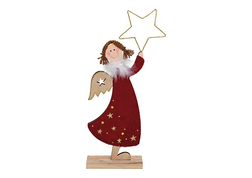 Engel mit Metall Stern aus Holz, Textil Bordeaux (B/H/T) 13x30x5cm