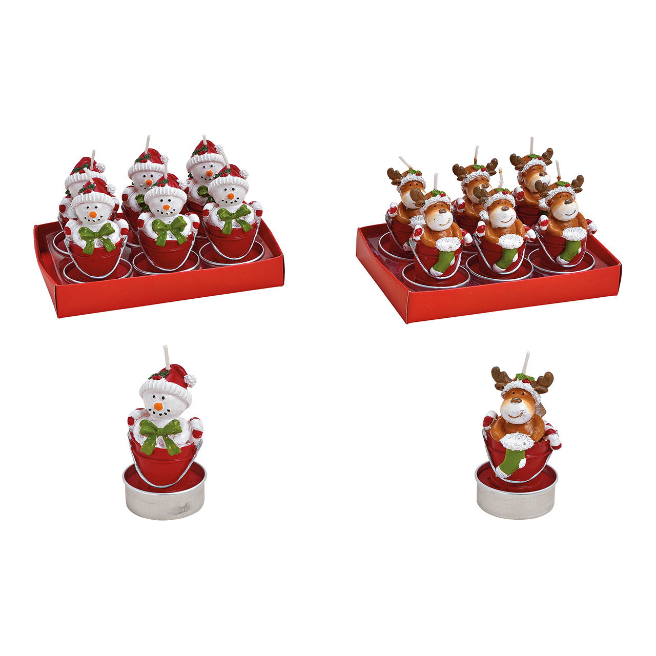 Teelicht-Set Elch, Schneemann im Eimer 4x7x4cm aus Wachs Bunt 6er Set, 2-Fach, (B/H/T) 13x7x9cm