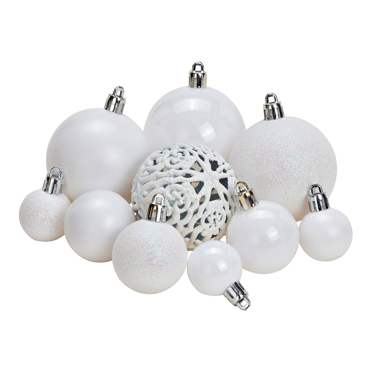 Weihnachtskugeln aus Kunststoff, 100er-Set, Weiß Ø3/4/6cm (B/H/T) 35x23x12cm Zubehor, Licht, Ohrring, Schmuck, Parfüm