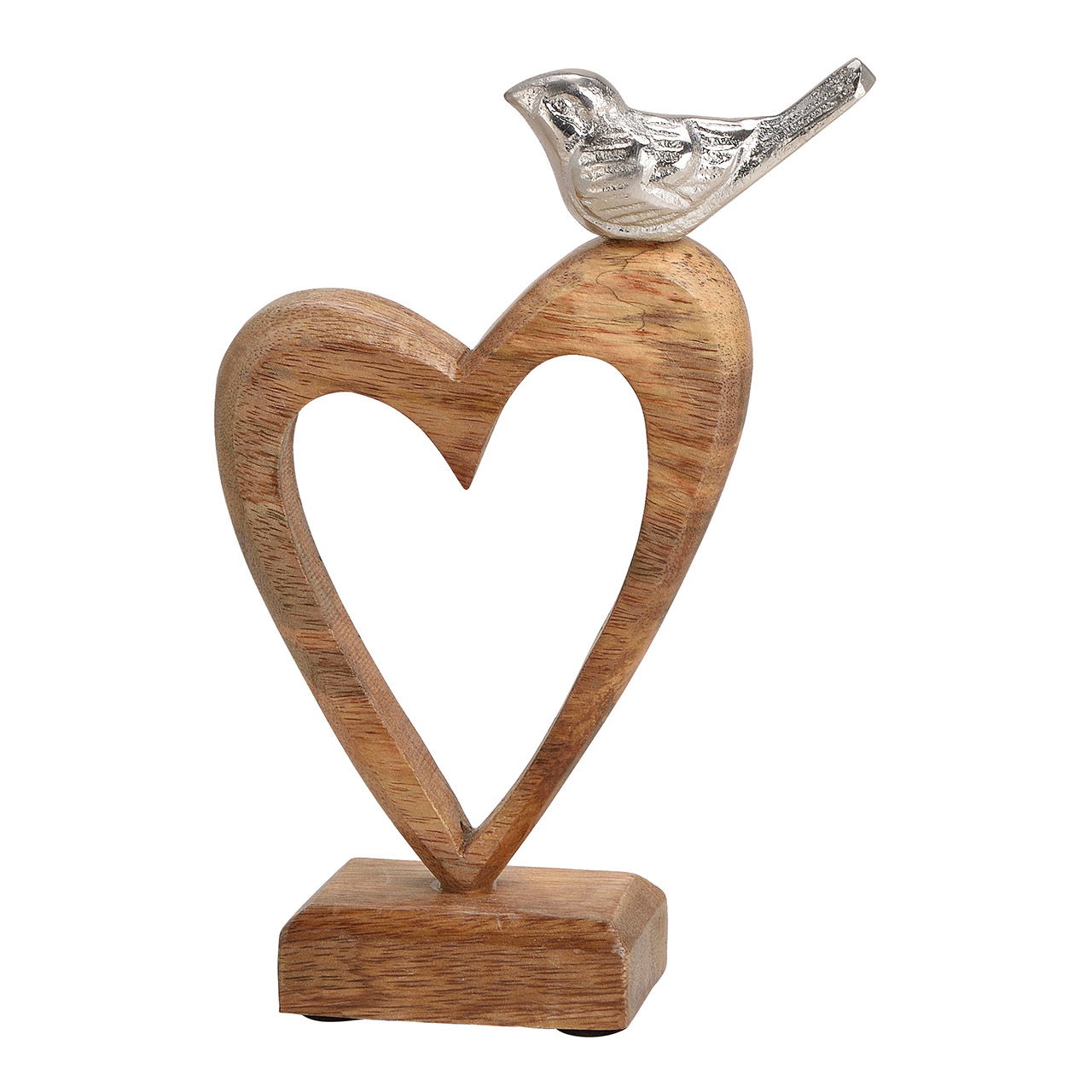 Display stand heart made of mango wood with metal bird brown, silver (W/H/D) 15x22x5cm