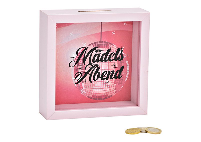 Spardose Mädelsabend aus Holz, Glas Pink/Rosa (B/H/T) 15x15x5cm