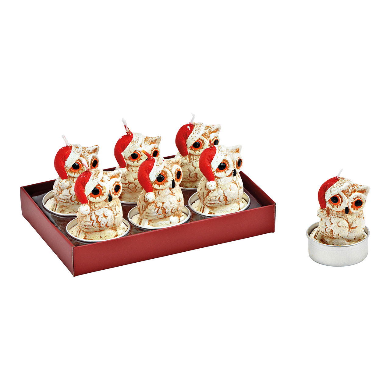 Tealight set owl Christmas decor 4x6x4cm, made of wax white Set of 6, (W/H/D) 14x6x11cm