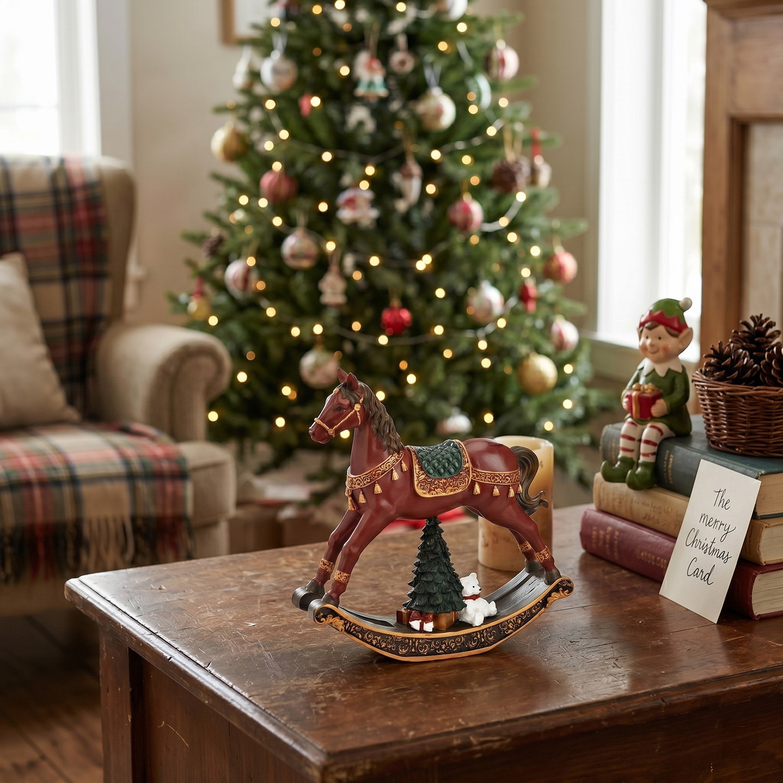 Cavallo da esposizione con albero di Natale in polietilene, rosso scuro (L/H/D) 13x13x3cm Pferd Spielzeug, Hohes Karussellpferd, Dekorfigur, Weihnachtskrippe, Karussellpferd