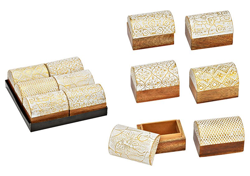 Boîte à bijoux en bois de manguier naturel, blanc 6 compartiments, (L/H/P) 8x5x5cm