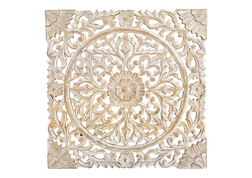Wall picture, 3 d flower design, carving, mango wood, white, 50x50x2cm