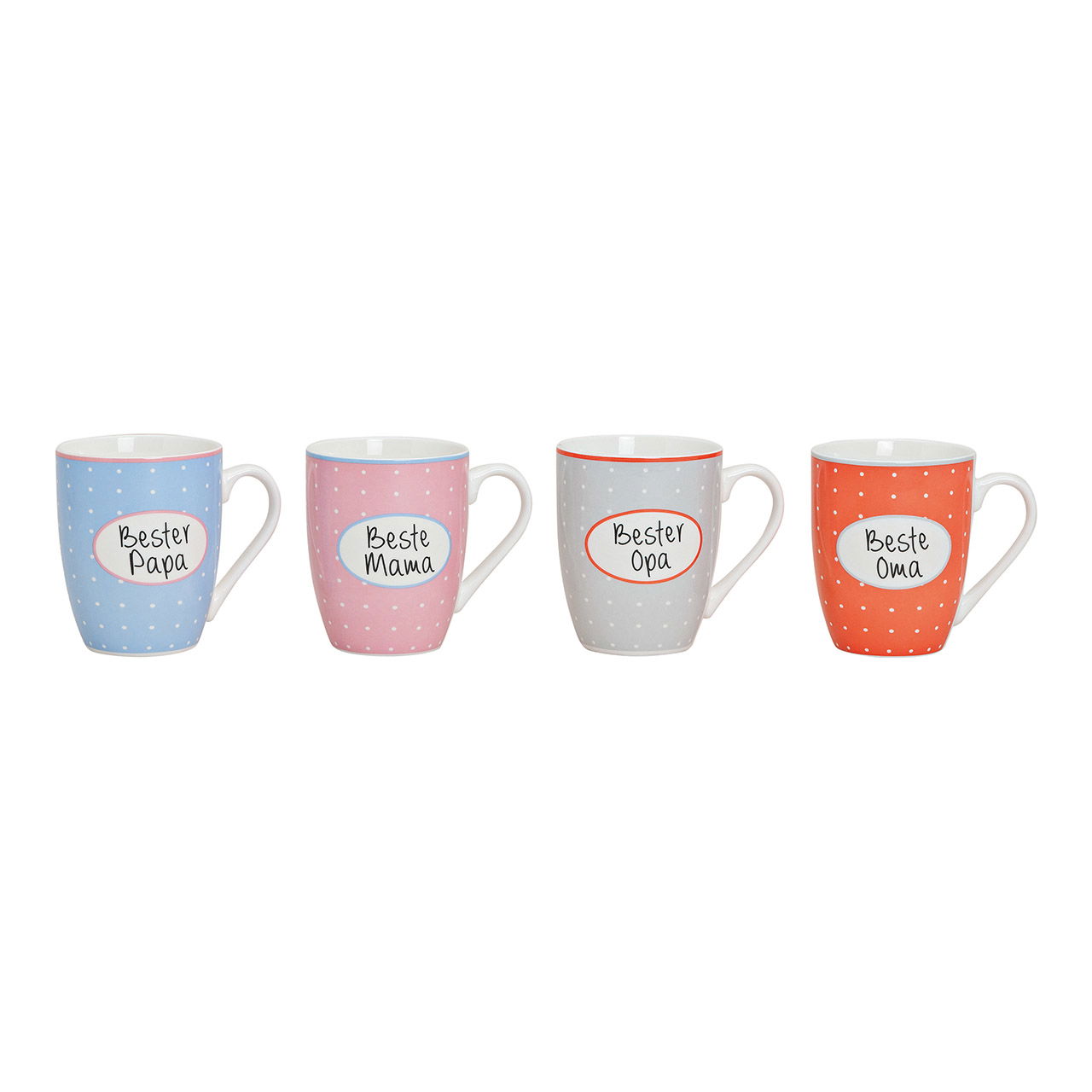 Becher Beste Mama/Papa/Oma/Opa aus Porzellan, 4-fach sortiert, 10 cm 300ml Pokal, Porzellan, Töpferei, Kaffee, Kaffeetasse