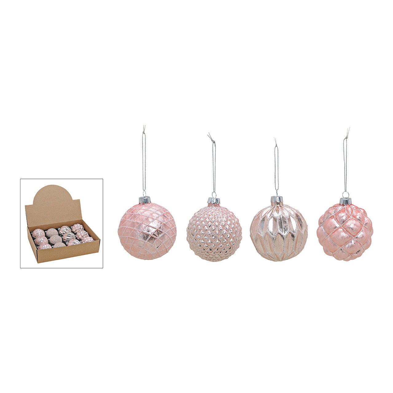 Weihnachtskugel Glitter aus Glas, 4-fach, Pink/Silber Ø8cm Zubehor, Ohrring, Schmuck