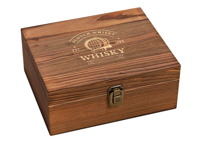Set di pietre da whisky, cubetti di ghiaccio in pietra basaltica 2x2x2cm, 2 bicchieri 9x8x9cm, 300ml, una pinza Set grigio di 8, in scatola di legno (w/h/d) 23,7x10x20,2cm