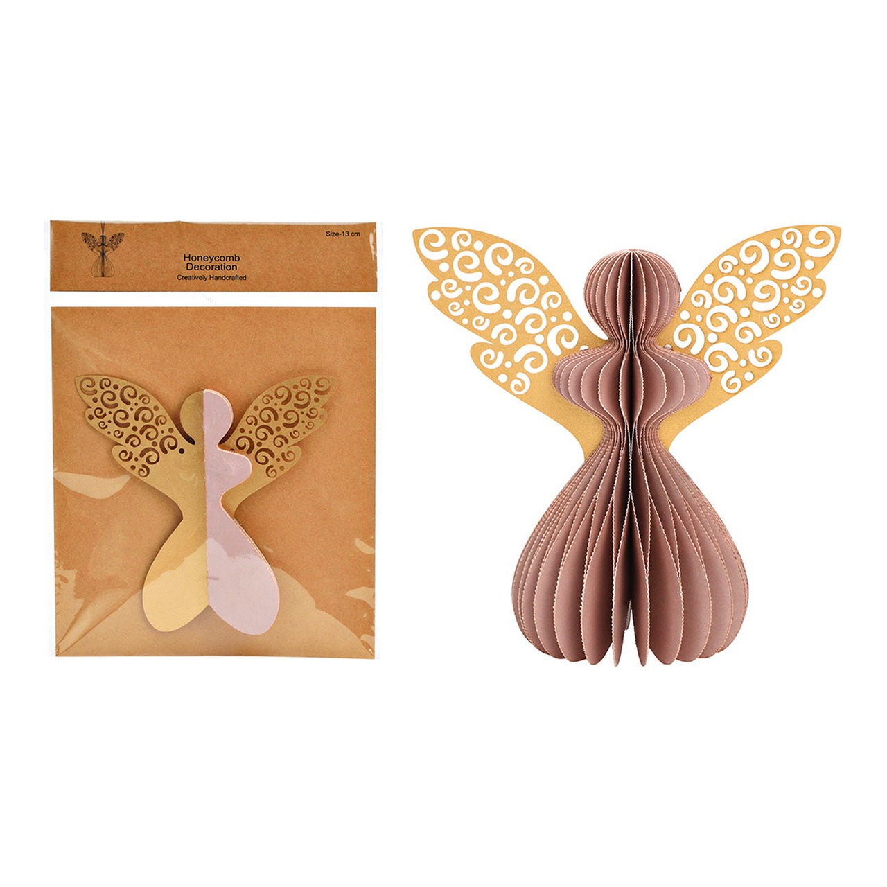 Suspension de Noël Honeycomb ange en papier/carton, vieux rose (L/H/P) 14x14x8cm Engel, Papierdeko, Wabenstruktur, Ornamentflügel, Goldfarben