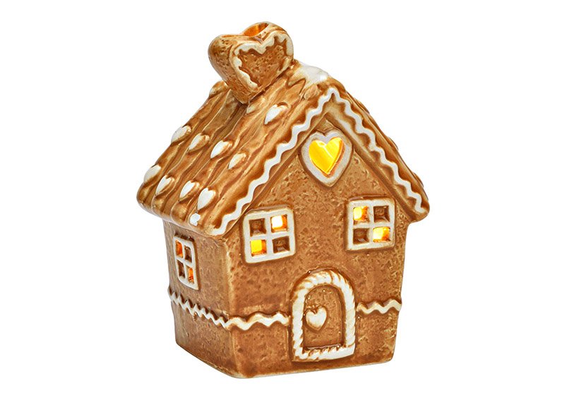Gingerbread house with LED, exclusive 3xLR44 made of porcelain brown (W/H/D) 9x12x6cm