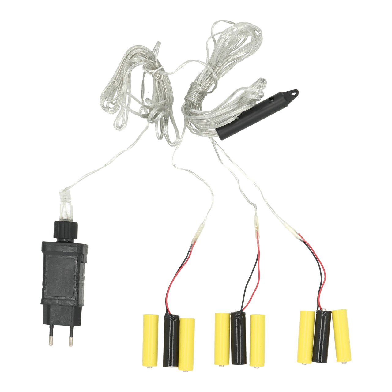 Batería Sliminator 3x 3 AA transformador 4,5V con adaptador UE IP20, cable de alimentación de 4 metros, interior plástico negro juego de 3 (A/A/D) 10x13x6cm Lichterkette, LED, 4-fach, Kaltweiß, Mini-Batterie, Plug-in