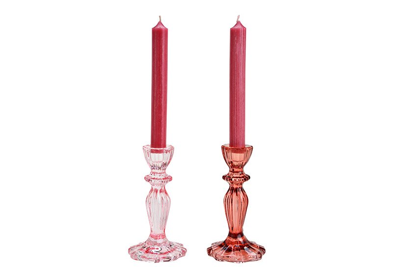 Kaarsenhouder van glas roze/roze 2-voudig, (B/H/D) 8x15x8cm