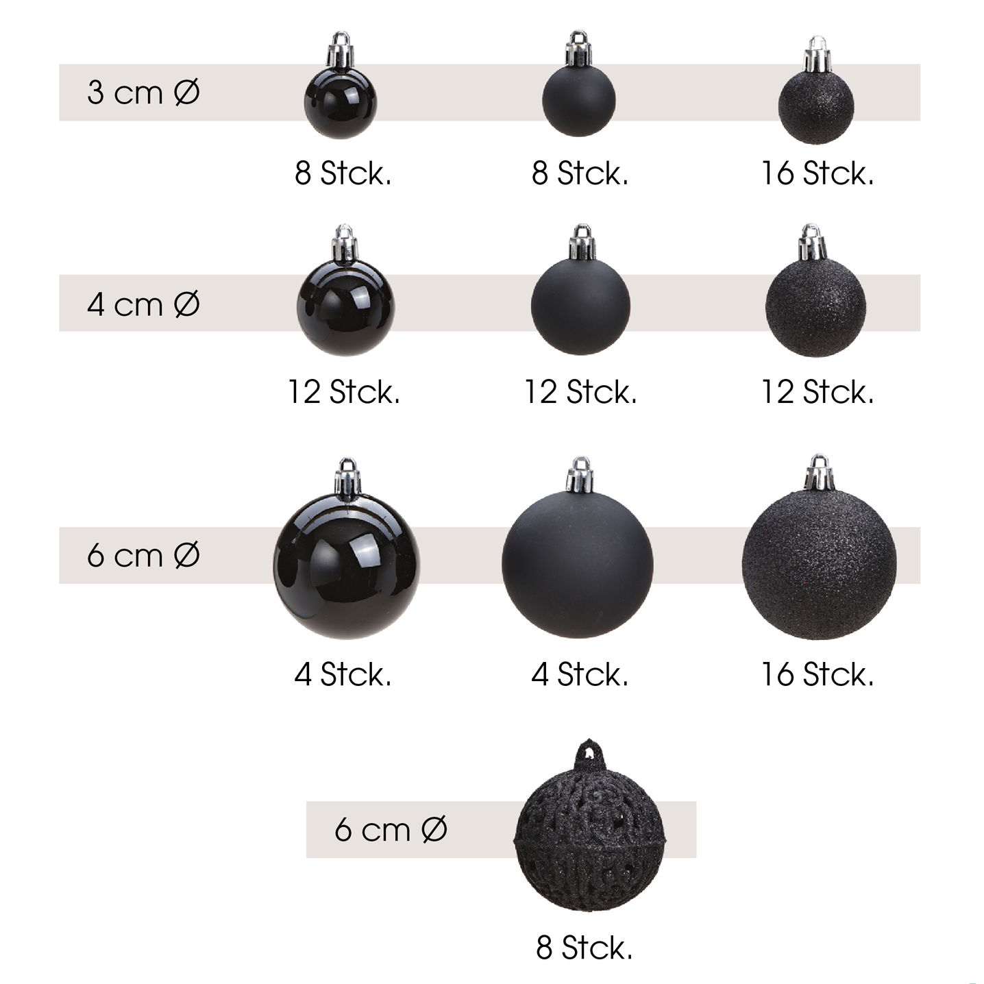 Weihnachtskugeln aus Kunststoff, 100er-Set, Schwarz Ø3/4/6cm (B/H/T) 35x23x12cm Zubehor, Ohrring, Schmuck, Sphäre