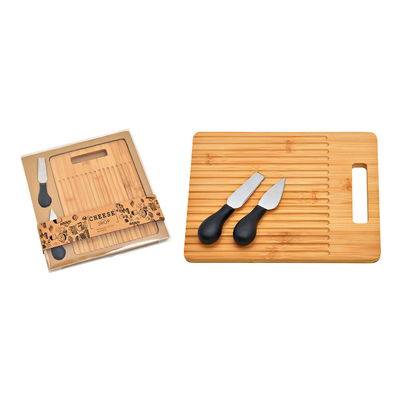 Cheese board with 2 cheese knives made of bamboo, plastic, metal nature set of 3, (W/H/D) 25x1x19cm