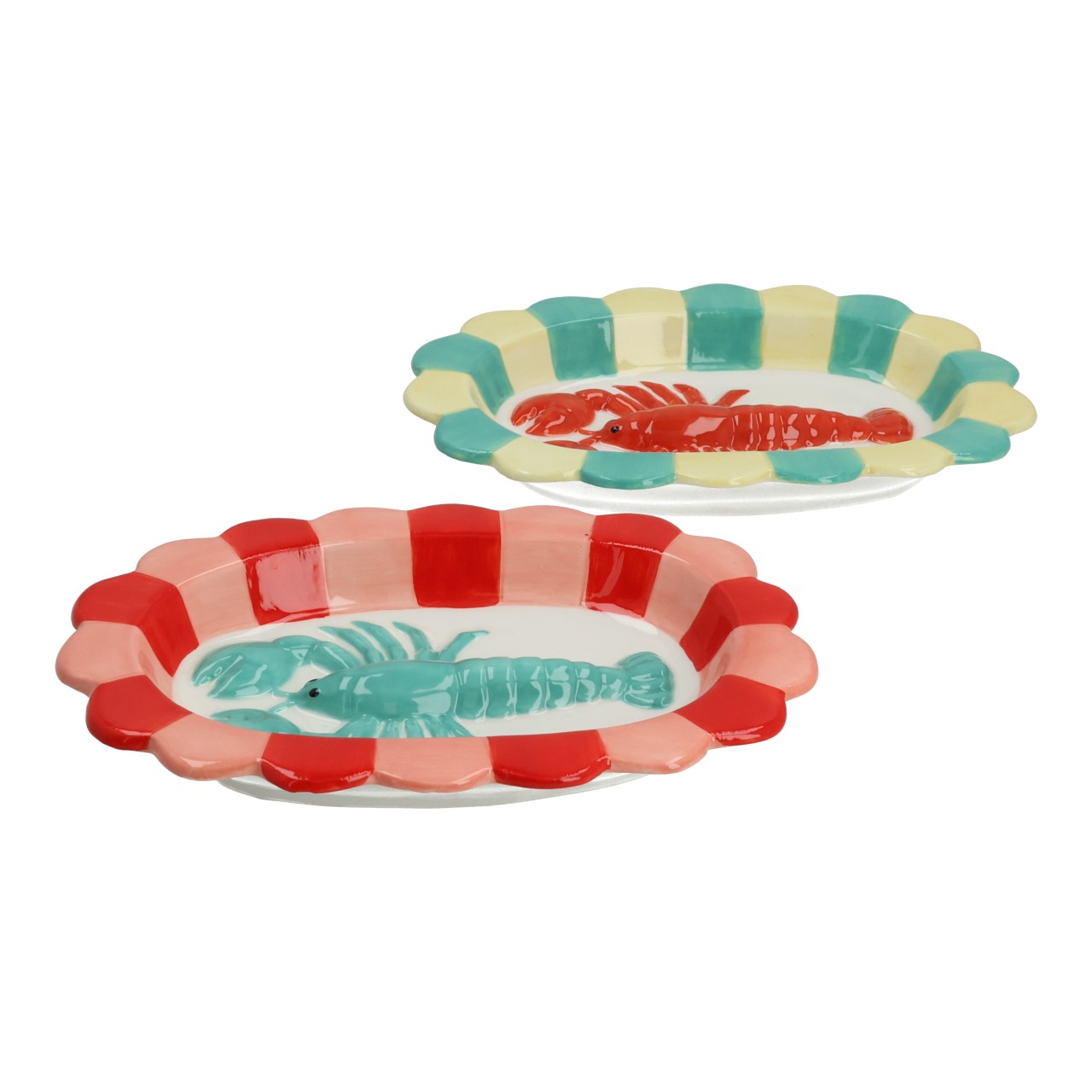 Deko Teller Hummermotiv aus Keramik Bunt 2-fach sortiert (B/H/T) 18x2x13cm Schale, Schalenteller, Kombination, Meeresfrüchte, 2-teilig