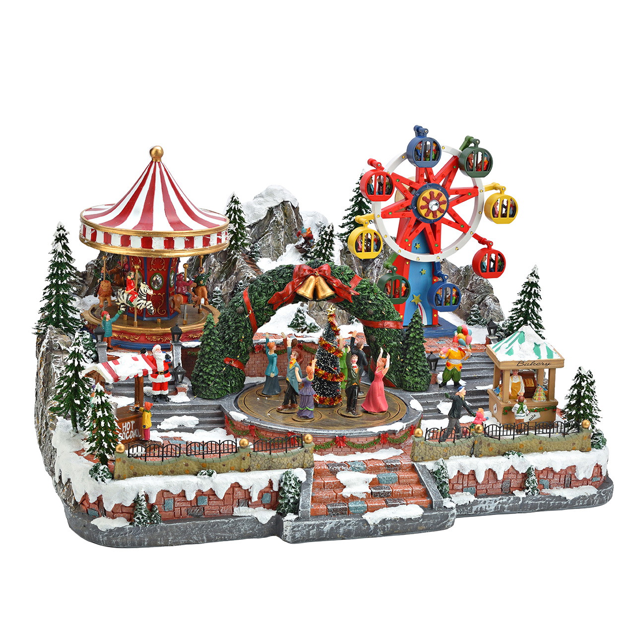 Weihnachtsjahrmarkt mit Riesenrad und Karussell aus Poly Weihnachtsdorf, Miniatur-Kirmes, Karussell, Riesenrad, Winterlandschaft