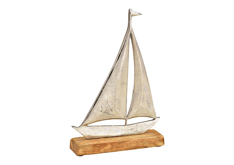 Aufsteller Segelboot auf Mangoholz Sockel aus Metall Silber (B/H/T) 18x27x5cm