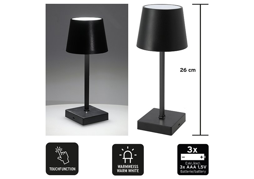 LED Tischleuchte 3 Helligkeitsstufen per Touchfunktion aus Kunststoff schwarz (B/H/T) 10x26x10cm
