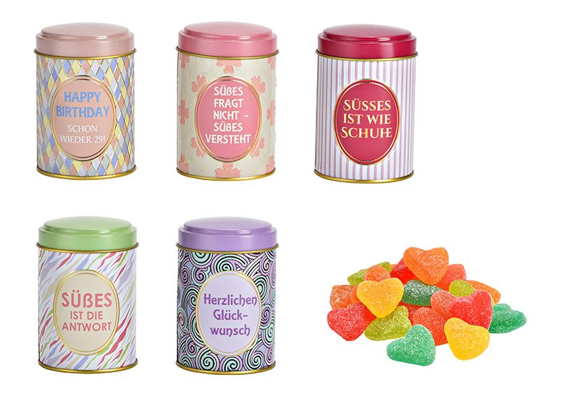 Fruit jelly hearts in tin, 100g, motif, women, made of metal colorful 5-fold, (W/H/D) 7x10x7cm