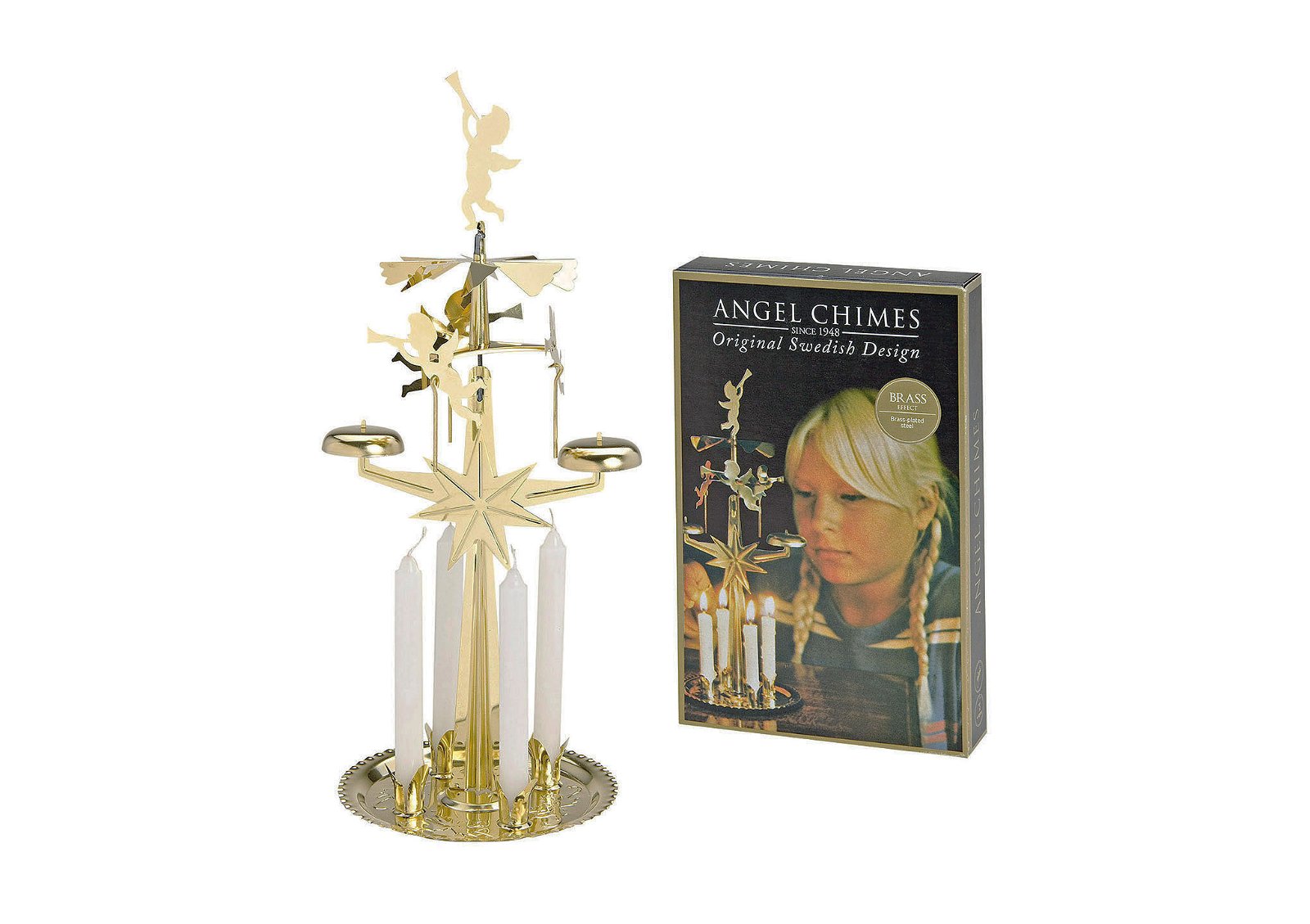 Kandelaar van metaal met engel in goud met kaarsen, H30 cm