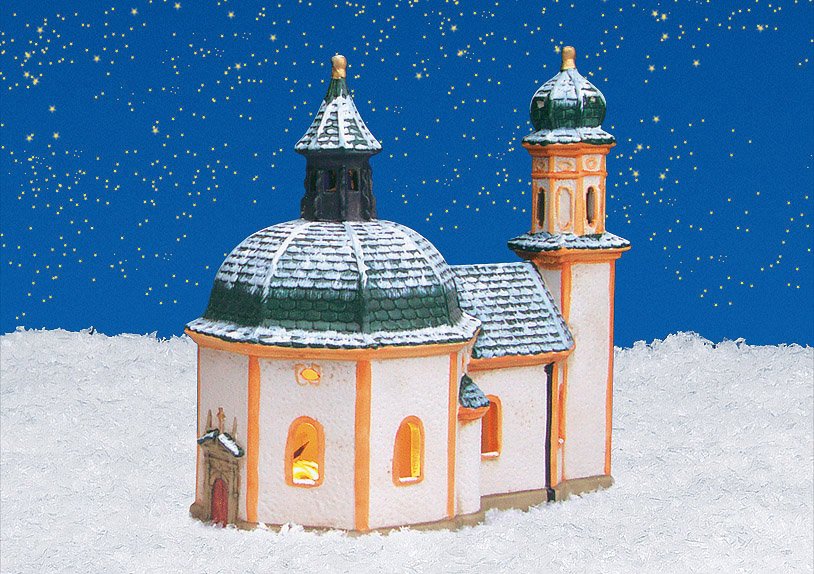 Windlichthaus Seekirche in Seefeld mit Schnee, aus Porzellan, (B/H/T) 20x21x11 cm
