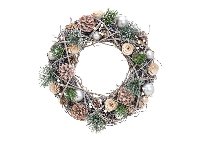 Christmas wreath made of wood, plastic white, silver (w / h / d) 34x34x9cm