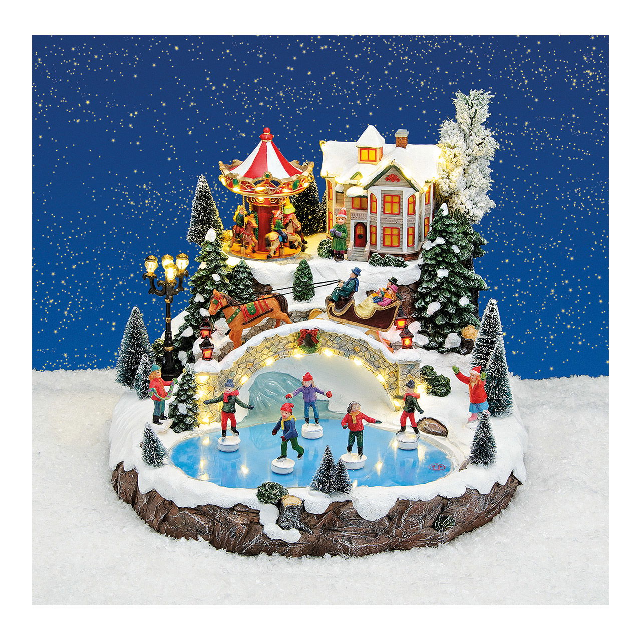 Winterszene mit Licht, Musik, beweg. Karussell, Eisläufer, aus Poly 33x35x29cm Winterszene mit Licht, Musik, beweg. Karussell, Eisläufer, aus Poly 33x35x29cm
