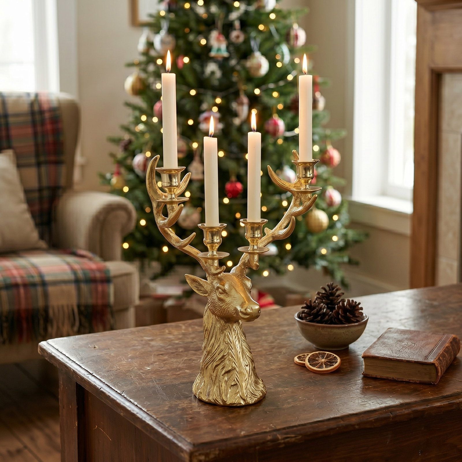 Candle holder deer head for 4 candles made of gold metal (W/H/D) 30x40x18cm