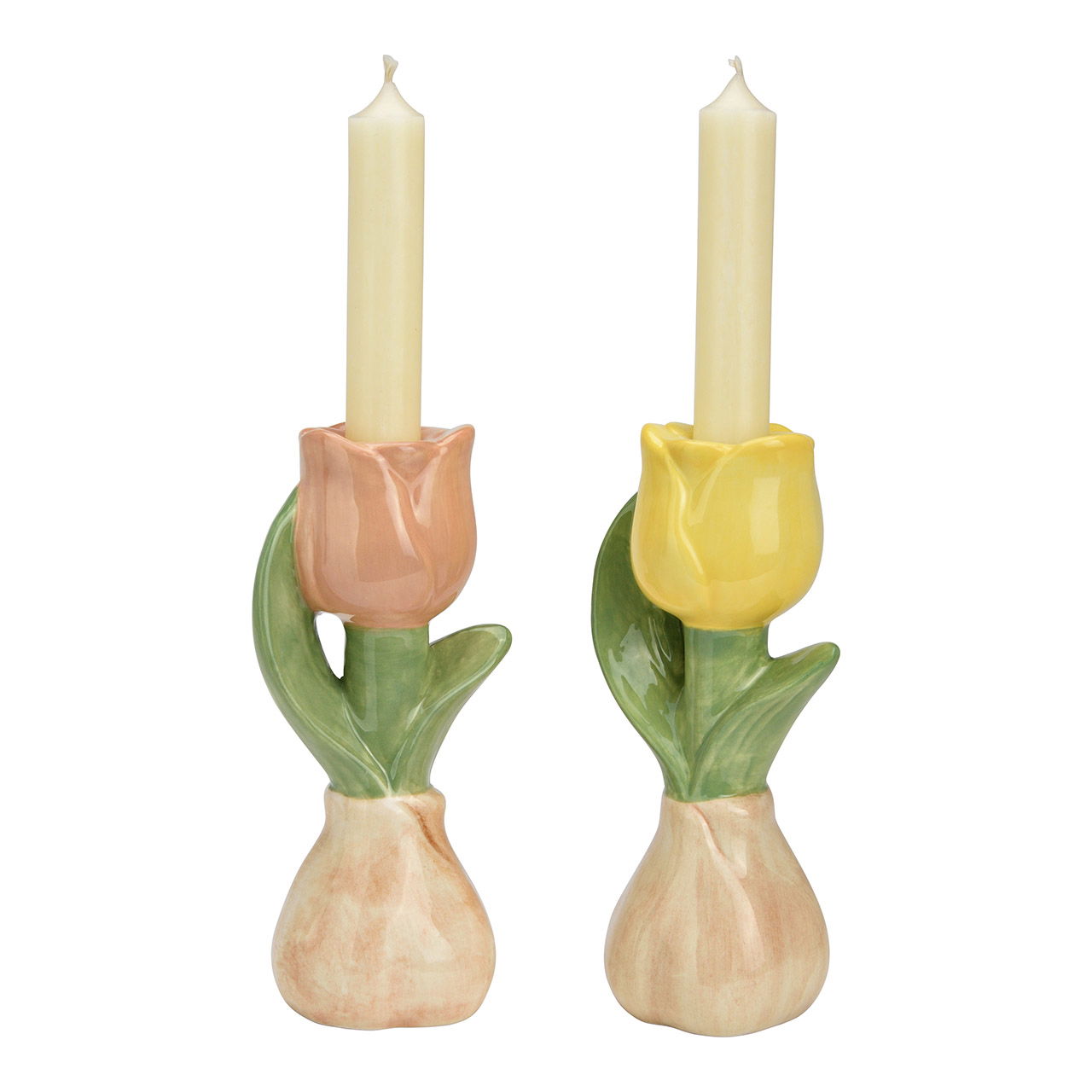 Kerzenhalter Tulpe aus Keramik, 2-fach, Gelb/Rosa/grün (B/H/T) 8x17x6cm