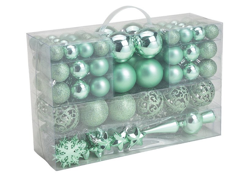 Plastic Christmas ball set mint green, set of 111, (W/H/D) 23x35x12cm Ø3/4/6cm
