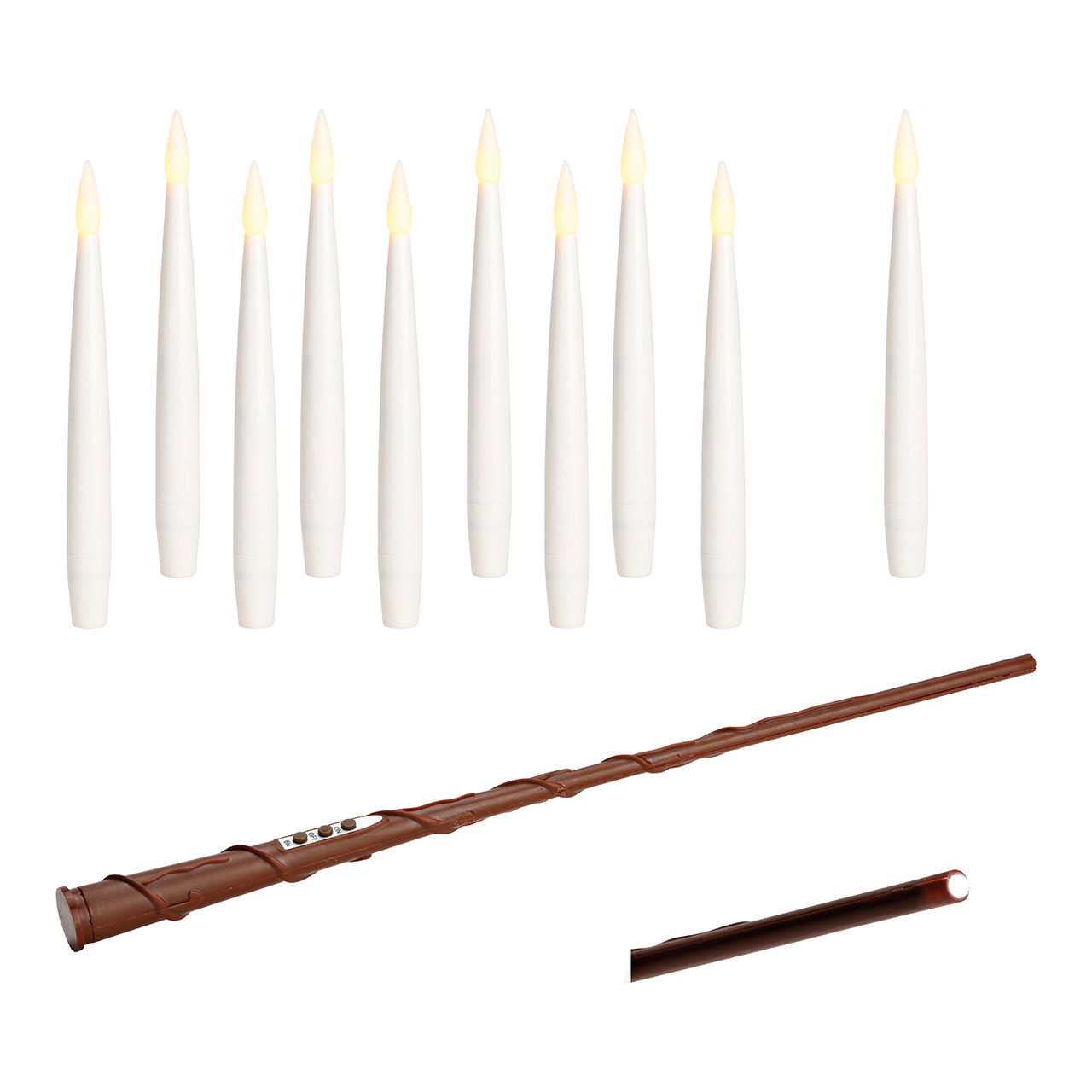 Lot de 10 bougies LED avec baguette magique Télécommande, fil et crochet, en cire blanche (H) 15cm Fonctionnement sur piles 11xAAA non incluses Festspiele, Chanukka Menora