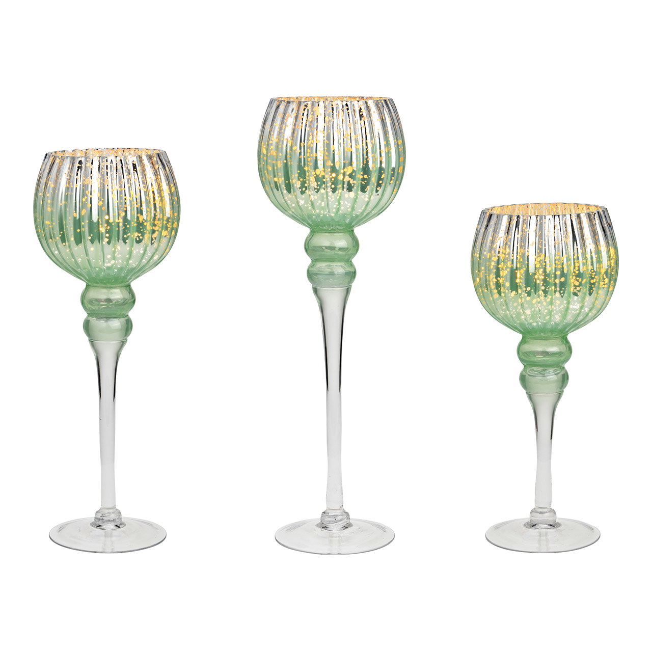 Photophore set calice sur pied 3 pièces, en verre menthe (H) 30cm, 35, 40cm x Ø13cm Photophore set calice sur pied 3 pièces, en verre menthe (H) 30cm, 35, 40cm x Ø13cm
