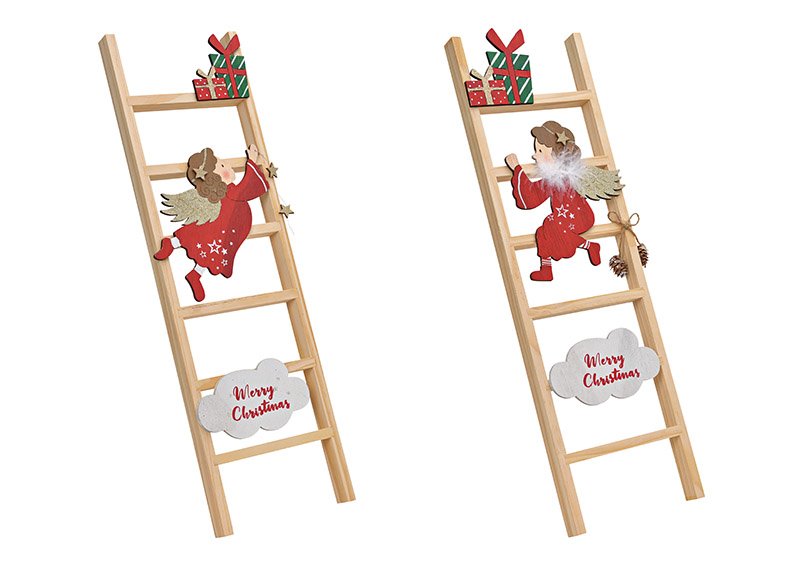 Engel op ladder, Vrolijk Kerstfeest, hout naturel, rood 2-voudig, (w/h/d) 18x60x3cm