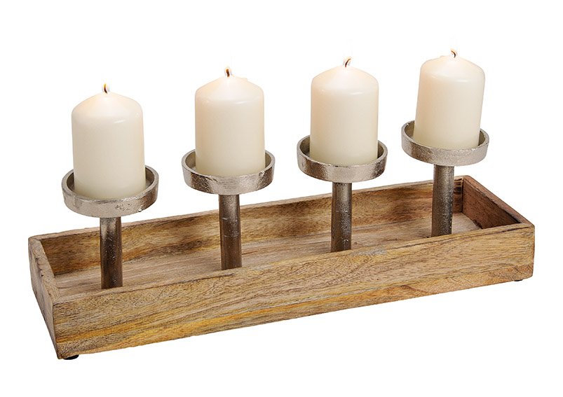 Advent candle holder, mango wood/metal, silver (w/h/d) 43x13x10cm