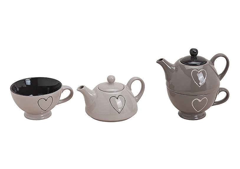Teapot-set heart decor ceramic 2 pcs. 2-ass. (w/h/d) 17/16/12,5 cm