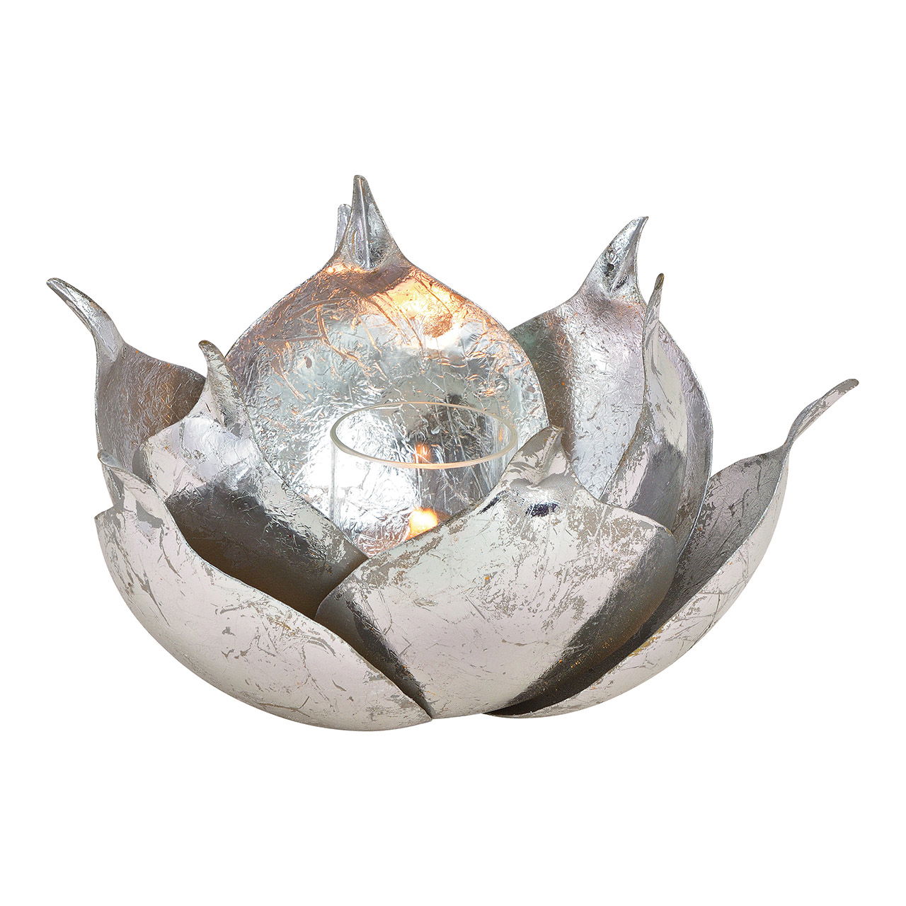 Windlicht Lotus aus Metall, Glas Silber (B/H/T) 20x12x20cm