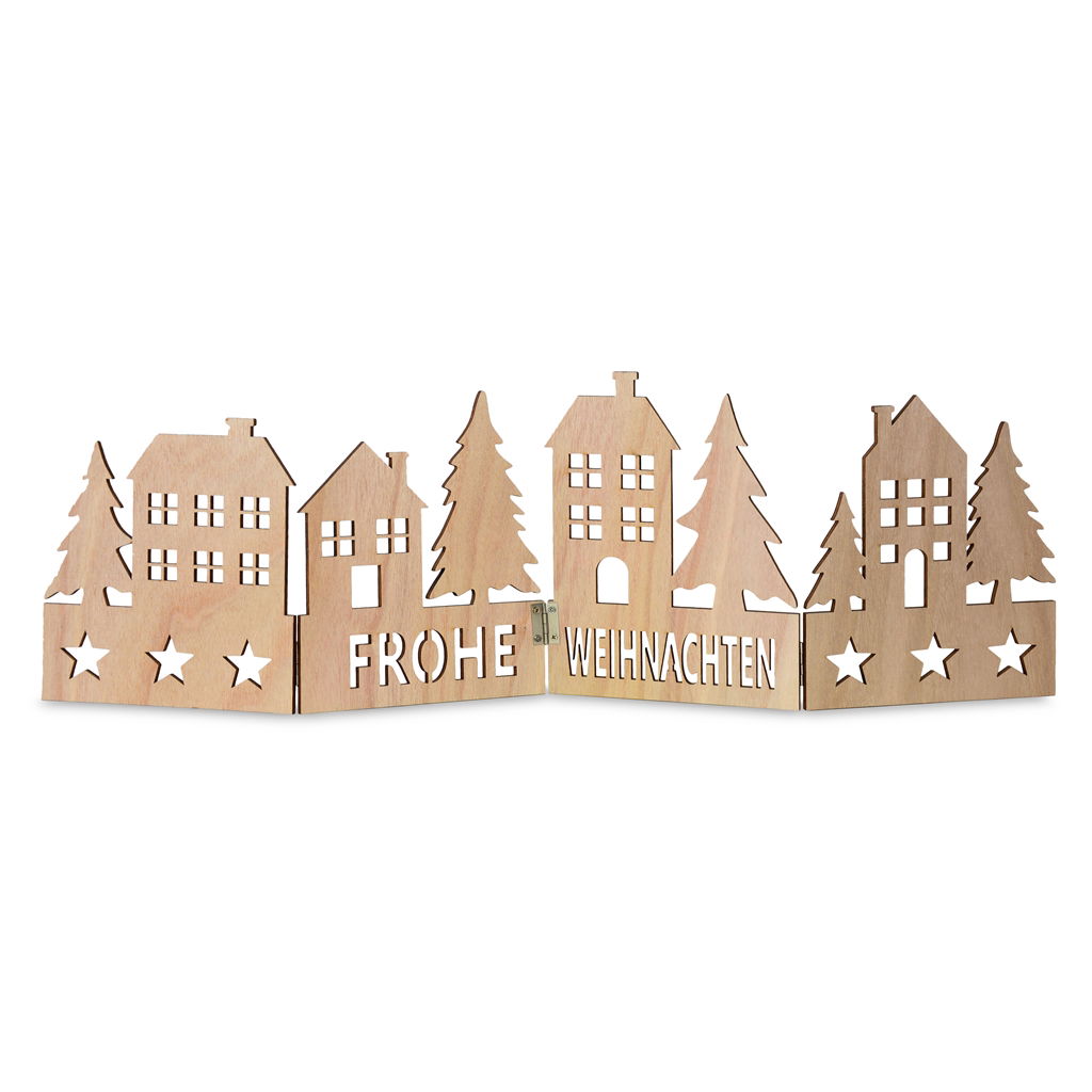 Décoration pliante maisons et arbres, bois, 60x18.5x0.5cm, 1 pc, naturel Sperrholz, Holz, Süßigkeiten, Nachbarschaft, Karton