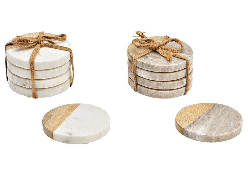 Set di 4 sottobicchieri in marmo, legno di mango, beige, bianco 2 pieghe, (H) 1cm Ø10cm