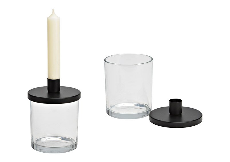 Kaarsenhouder van glas, metaal transparant, zwart (B/H/D) 10x13x10cm