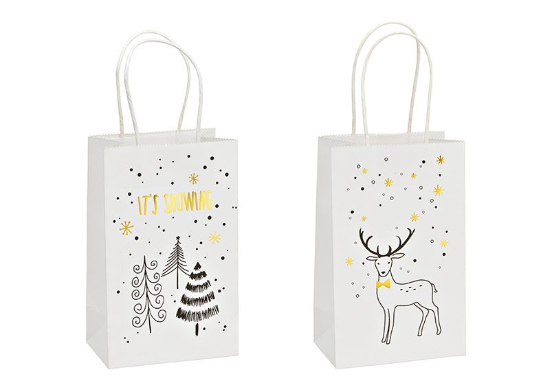 Bolsa de regalo, It`s snowing, ciervo, FSC de papel/cartón blanco 2 pliegues, (An/Al/Fo) 13x21x8cm