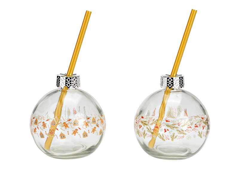 Drinkglas kerstbal met rietje van glas transparant 2-voudig, (B/H/D) 10x20x10cm 220ml