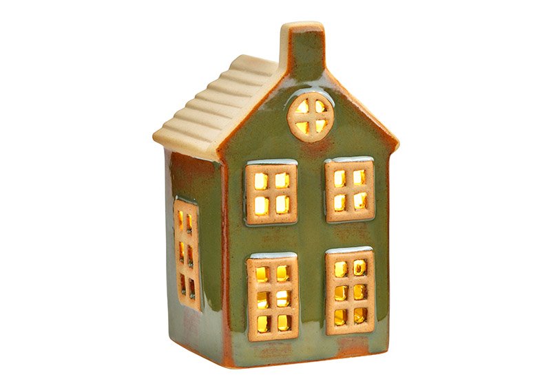 House with LED made of ceramic green (W/H/D) 6x11x6cm Battery operation 2XAG13 not included