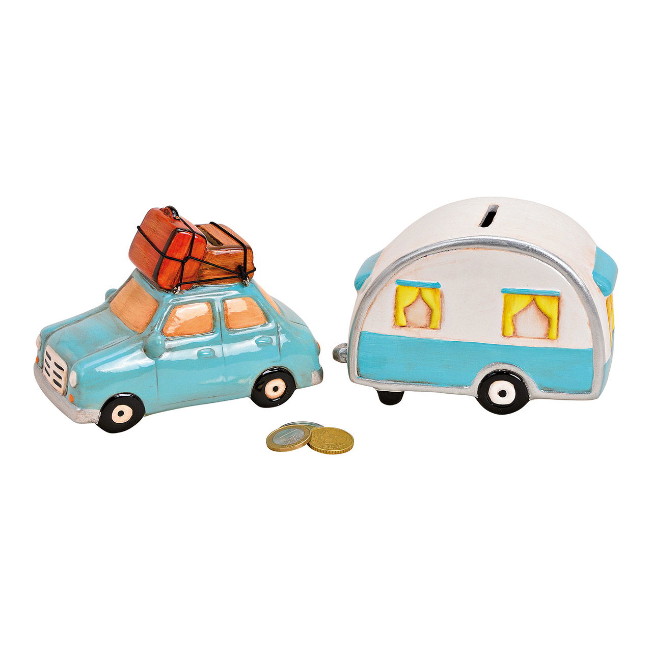 Spardose 2er Set, Auto mit Wohnwagen-Anhänger aus Keramik , (B/H/T) Auto 8x15x10cm/Anhänger 8x15x10cm Spardose 2er Set, Auto mit Wohnwagen-Anhänger aus Keramik , (B/H/T) Auto 8x15x10cm/Anhänger 8x15x10cm