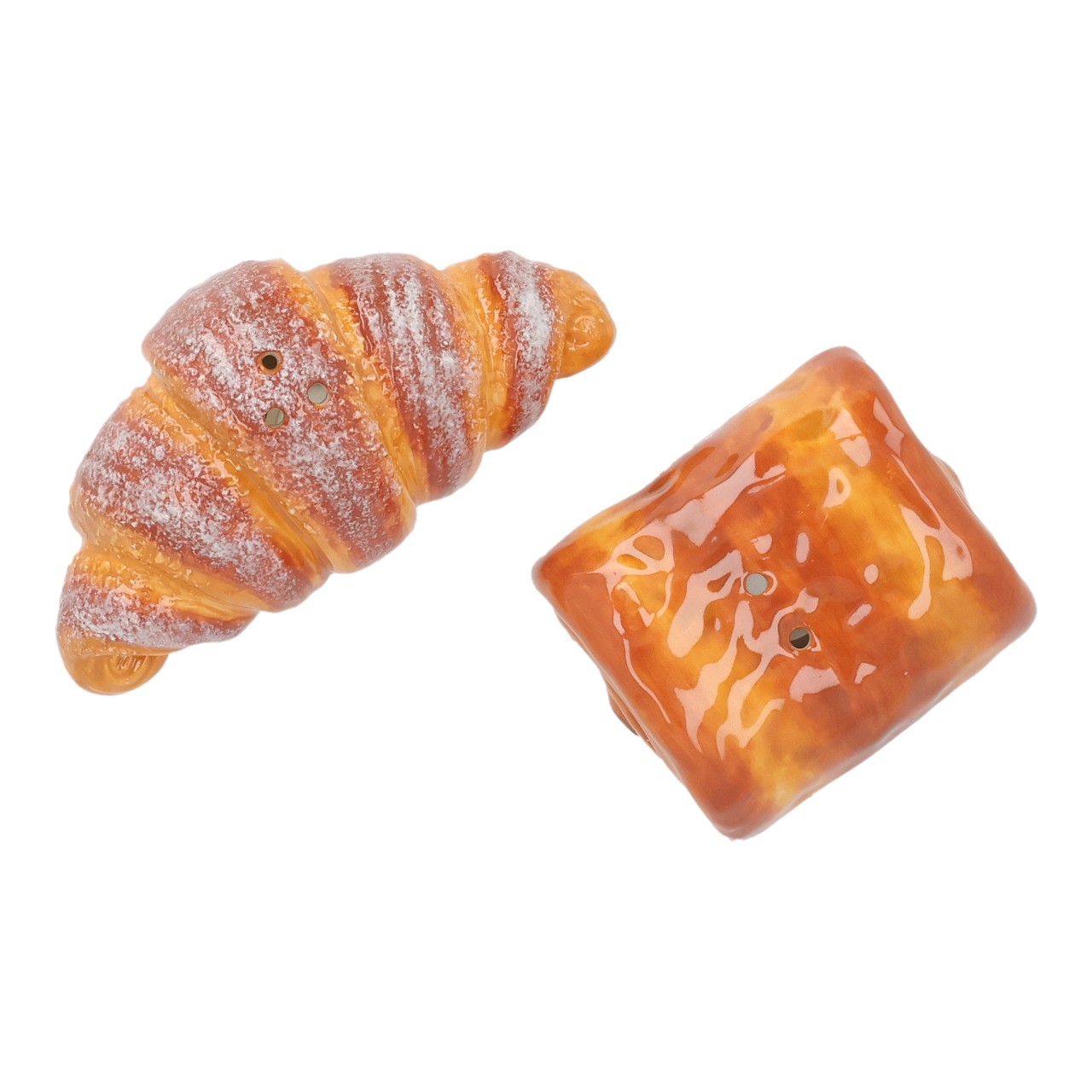 Zout- en peperstrooiers 6x5x4 cm van porselein, bruin, set van 2 (B/H/D) 10x5x4 cm Künstliches Gebäck, Croissant, Blätterteig, Karamellfarben, Backware