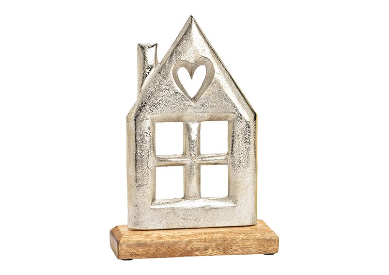 Stand house, on mango wood base, made of metal silver (W/H/D) 15x22x5cm