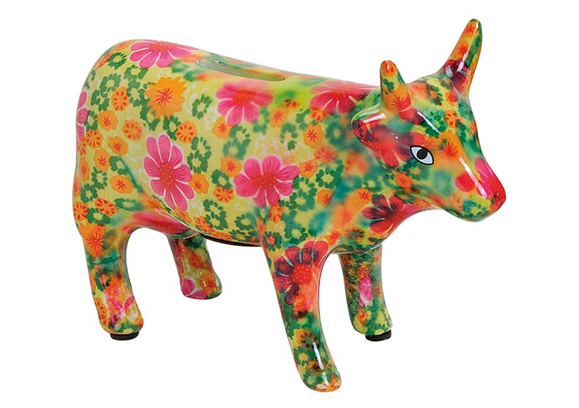 Spaarpot koe van keramiek, bloem decor B18 x D6 x H13 cm