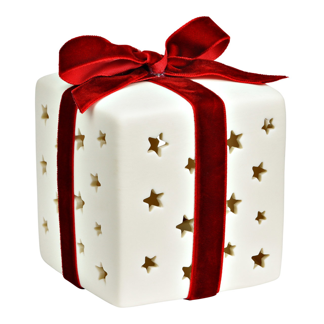 Cadeau met LED gemaakt van porselein, wit (B/H/D) 8x10x8cm Batterijvoeding 3xLR44 niet inbegrepen geschenk, box, weiß, sterne, rote schleife